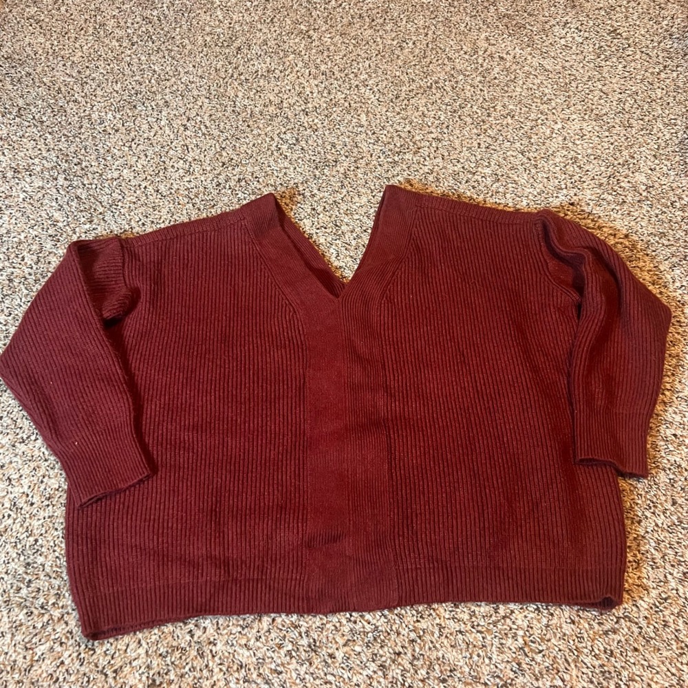 Burgundy V Neck Long Sleeve Lace Up‎ Front Ribbed Knit Sweater Top Women's Large